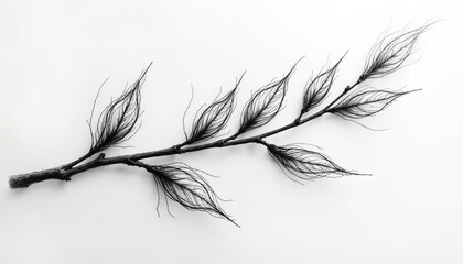 Obraz premium Minimalist black ink tattoo design of a branch with leaves. Simple fine line art style on white background. Modern tattoo design for body decoration. Nature, floral and botanical themes.