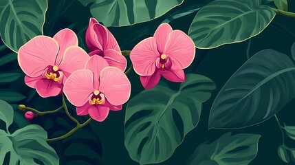 Pink Orchids Tropical Leaves Banner.