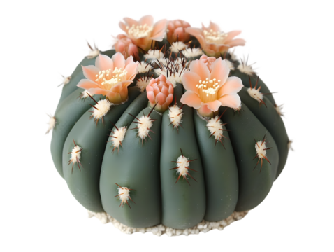 A round cactus with numerous segments, adorned with delicate peach-colored blossoms