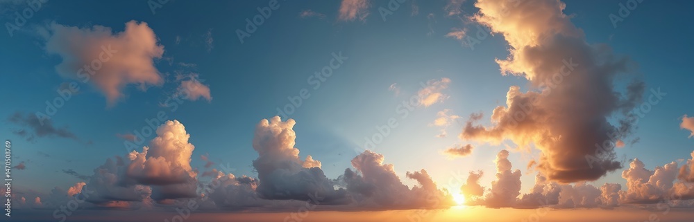 Aufkleber panoramic view sunset sky with golden cumulus clouds. blue sky, evening twilight, bright sunlight wi