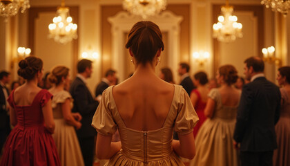 Noble lady admirably observes ballroom dance, elegant evening event