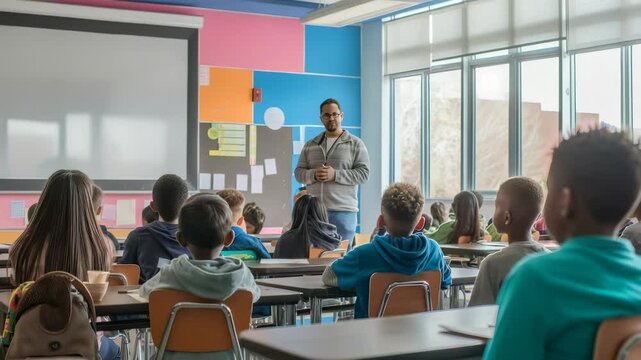 A teacher stands before a classroom of attentive students at their desks in a bright, modern elementary school. The room features a projector screen, large windows and colorful decor.