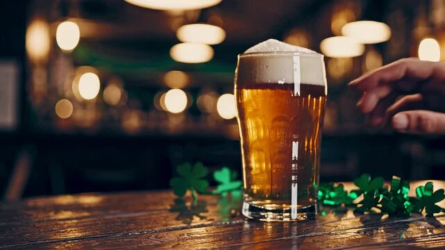 Hand reaching for refreshing pint of beer with shamrock decor in cozy atmosphere