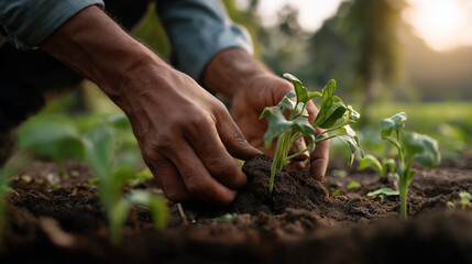 Hands Planting Young Seedlings in Fertile Soil at Sunrise &ndash; AI Generated