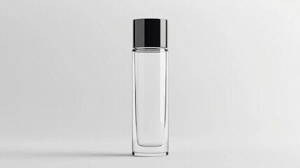 A sleek glass bottle with a shiny black cap design