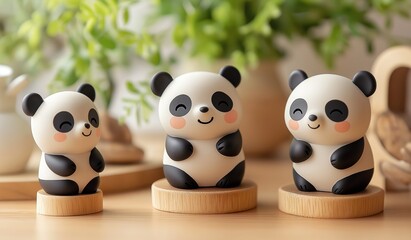 Obraz premium Three adorable panda bear figurines in naturally lit setting on blurred green plant background
