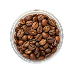 Naklejka premium roasted coffee beans, cup top down view, png transparent background