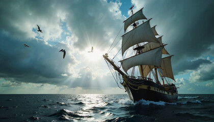 Fototapeta premium Dramatic pirate ship sailing through stormy seas, adventure awaits