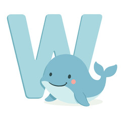 Obraz premium Uppercase Letter W with Cute Whale – Animal Alphabet Vector for Kids