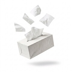 A white rectangular tissue box with tissues partially pulled out appears to be falling.