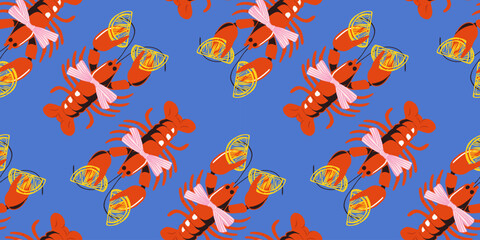 Seamless pattern with cartoon red lobsters holding lemon slices and wearing striped bows on a blue background. Fun Mediterranean seafood design for kitchen decor, summer prints, textiles, and packagin