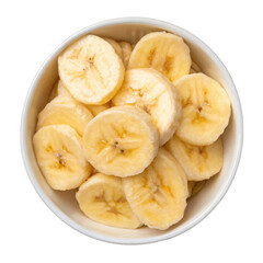 bowl with banana slices, top down view, png transparent background