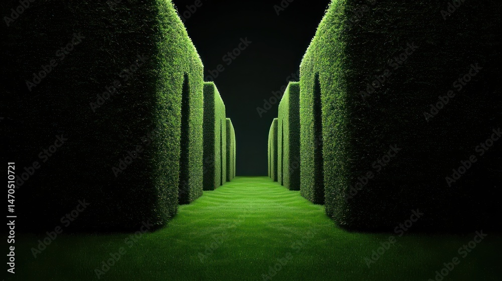 Poster a green maze with tall hedges and grassy pathway inside