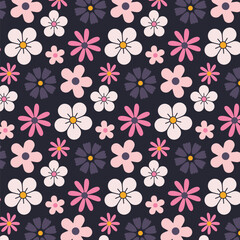 Floral seamless pattern with purple, pink and white flowers on a dark background. Vector Illustration