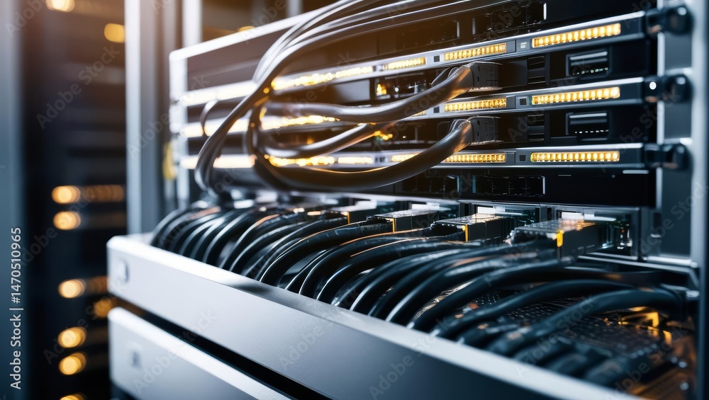 Poster high-performance server rack network - close-up of a server rack with numerous cables and network co