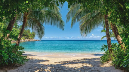 Fototapeta premium Tropical beach framed by palm trees