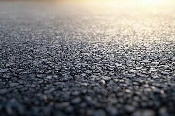 Close-up view of asphalt road surface showing texture and cracks under sunlight.