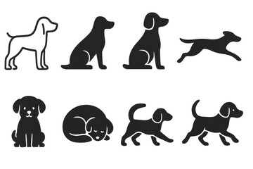 Minimalist dog silhouette icons set – sitting, running, sleeping, standing, puppy. Flat icon set