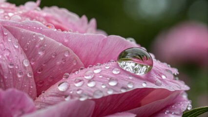Macro of Raindrop on Peony Petal Magnifying Texture and Reflecting Inverted Landscape
