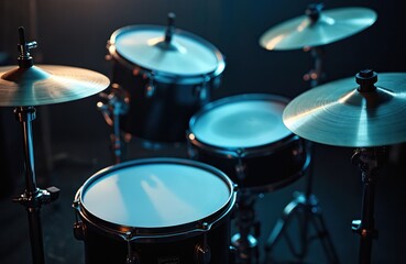 Dark studio setting with black drum kit. Focus on cymbals, various drums, instruments. Rock metal music performance set. Perfect for musician, drummer. Ideal for concert, live performance, musical,