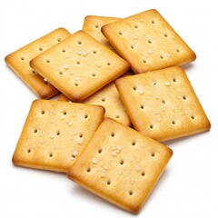 Fototapeta premium Several square crackers with salt are on a white background.