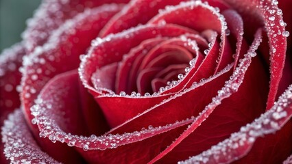 Frost-Kissed Red Rose Macro with Ice Crystals Highlighting Winter Textures
