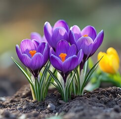 Obraz premium Vibrant purple crocuses emerging from rich earth