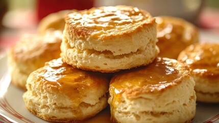Golden-brown biscuits stacked high on a plate.