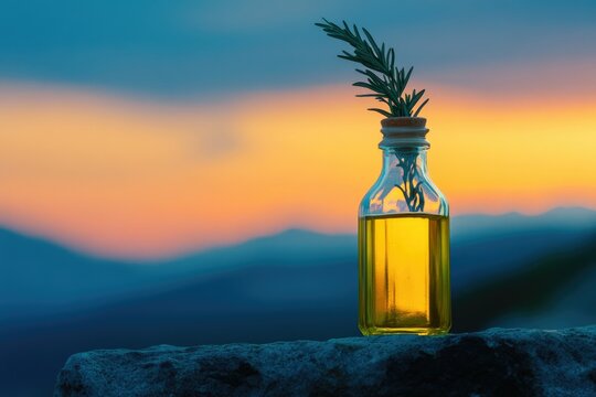 A bottle of rosemary infused olive oil at sunset, showcasing natural beauty and serenity.