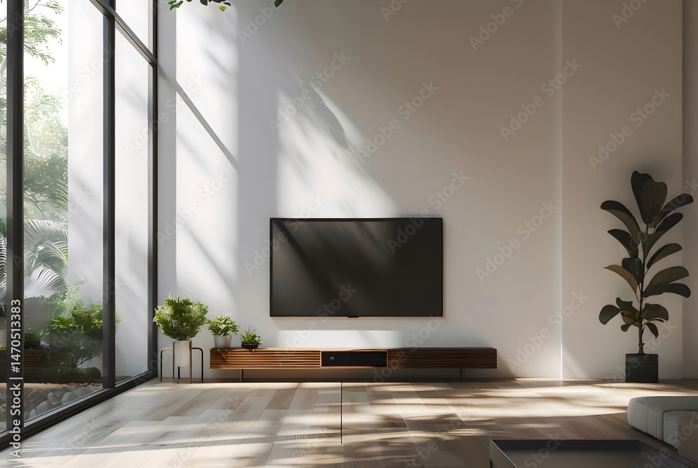 Aufkleber モダンなリビングルームのインテリア 明るい日差しが差し込む大きな窓とミニマルな家具 黒いテレビ 茶色のウッドフロア 観葉植物が配置された静かで洗練された空間