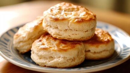 A stack of fluffy biscuits on a patterned plate.