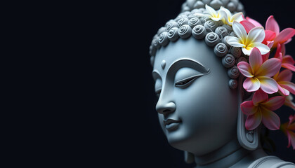 Close Up of Buddha Statue with Colorful Flowers on Black Background