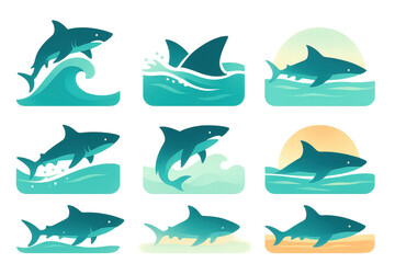 Obraz premium Shark silhouettes icon set – waves, fins, ocean, sunset, jumping, swimming, predatory, sea life. Flat icon set