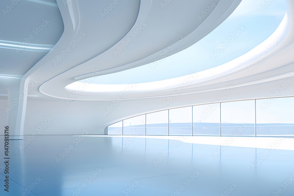 Aufkleber モダンな白い内装の抽象的な建築空間デザインと明るい日差しが差し込む窓の背景