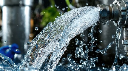 Water flow action from pipe in industrial setting close-up view of dynamic splashing water stream