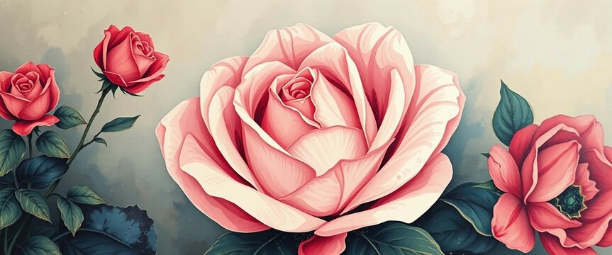 Romantisches Rosenmotiv mit rot-rosa Bl&uuml;te, sattem Blattgr&uuml;n und zarten Wassertropfen auf k&uuml;nstlerischem Hintergrund.