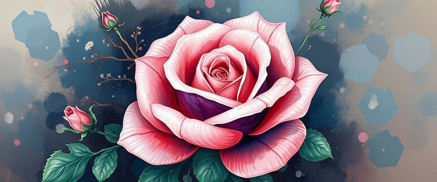 Romantisches Rosenmotiv mit rot-rosa Bl&uuml;te, sattem Blattgr&uuml;n und zarten Wassertropfen auf k&uuml;nstlerischem Hintergrund.