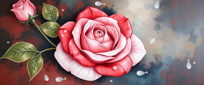 Romantisches Rosenmotiv mit rot-rosa Bl&uuml;te, sattem Blattgr&uuml;n und zarten Wassertropfen auf k&uuml;nstlerischem Hintergrund.