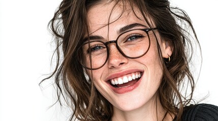 Obraz premium A smiling young woman with glasses, her face beaming with happiness, isolated on a white background