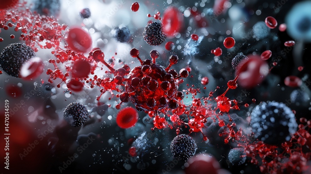 Aufkleber Exploring virus interaction with blood cells in microbiology lab scientific analysis abstract environment close-up view
