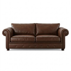 Fototapeta premium Brown leather two-seater sofa with armrests, isolated on white background.
