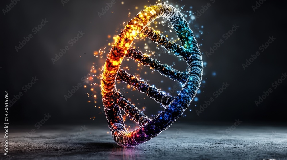 Poster Glowing dna double helix structure digital art abstract science visualization vibrant colors close-up view
