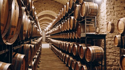 Wooden wine barrels stacked on metal racks within stone walled cellar, showcasing traditional winemaking heritage and aging process of premium vintage spirits