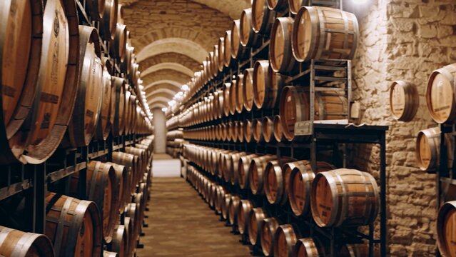 Wooden wine barrels stacked on metal racks within stone walled cellar, showcasing traditional winemaking heritage and aging process of premium vintage spirits