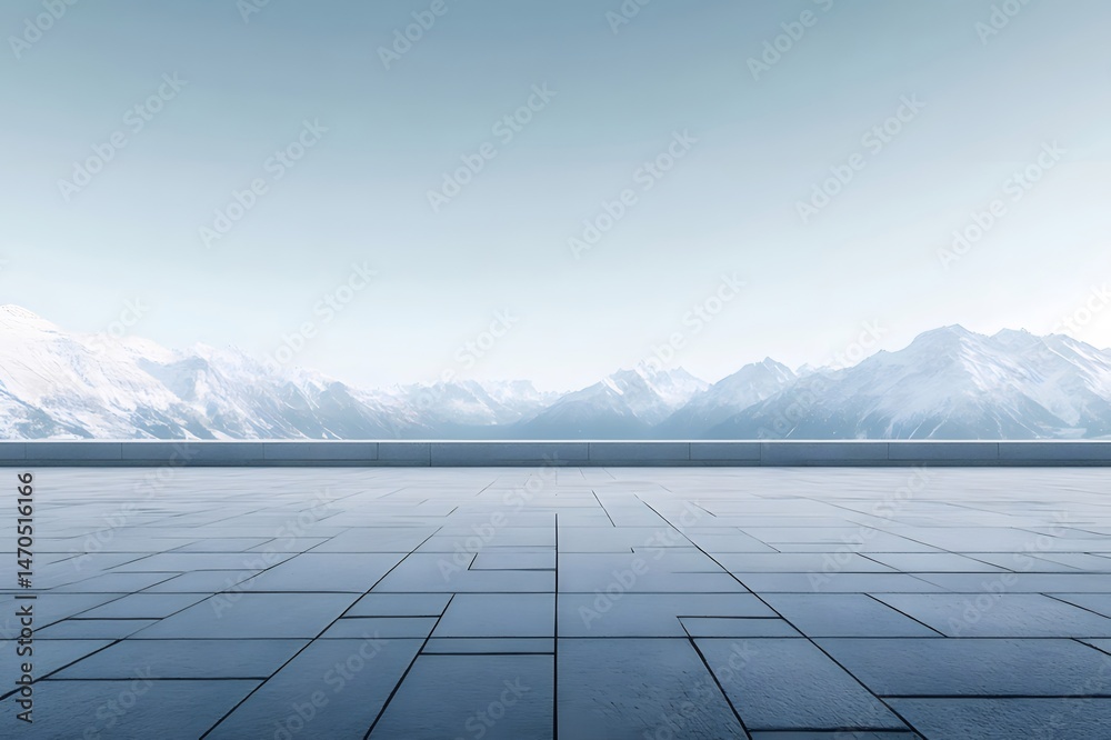 Poster 雪山とタイル張りの床のある広大な冬の風景 静けさと透明感のある背景