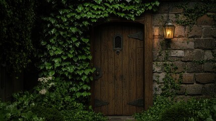 A wooden door surrounded by green vines and a glowing lantern