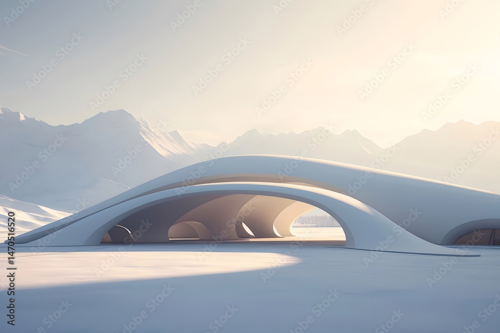Poster 雪山の背景に白い抽象的な未来的な建物と冬の風景が広がる建築デザイン