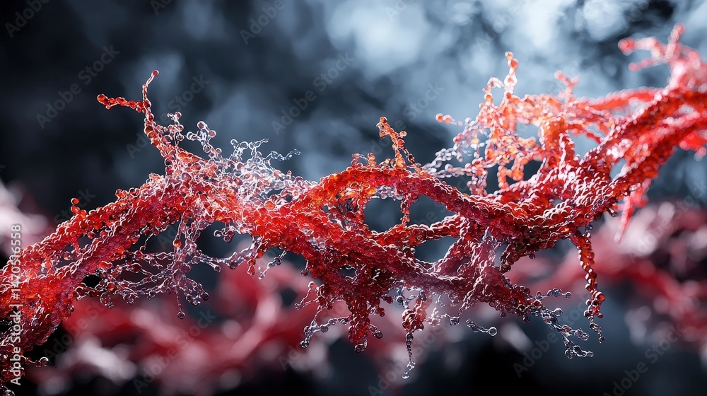 Poster intertwined dna strands in vibrant red closeup science art abstract environment focused viewpoint mo