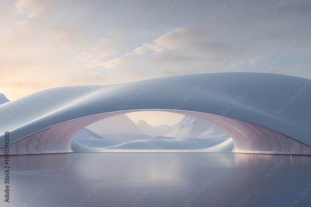 Aufkleber 雪山の背景に対するモダンな建築構造物の穏やかな湖のリフレクションとミニマルなスカイライン