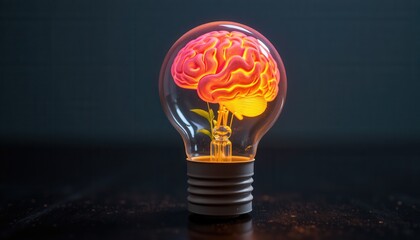 Light Bulb with Growing Plant and Red Brain, Illuminated on Black Surface